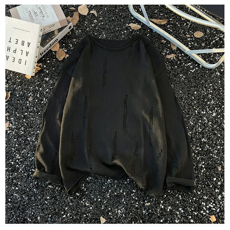 Voguable  Ripped Knitted Lace Mesh Sunshade Long Sleeve T-Shirt for Men Casual Style Breathable Comfortable round Neck Design voguable