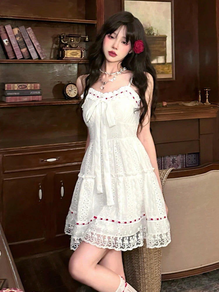 Sweet Lace Patchwork Camis Dress Women Sexy Spaghetti Straps Bow Dress Female Casual Cute Princess Wedding Party Dress New voguable