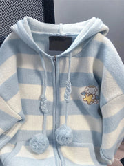 Cartoon Striped Hooded Cardigan Women Loose Cute Long Sleeve Sweet Knitted Sweater Preppy Style Female Kawaii Vintage Tops voguable