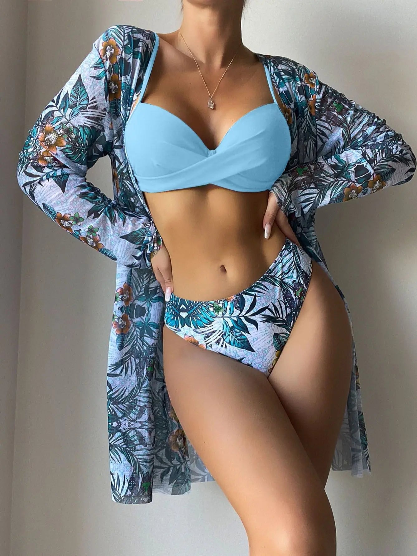 Voguable  Print Beach Cover Up And Bikini Set Sexy Swimwear Women Hollow Out Swimsuit High Waist Biquini Female Three Piece Beachwear voguable
