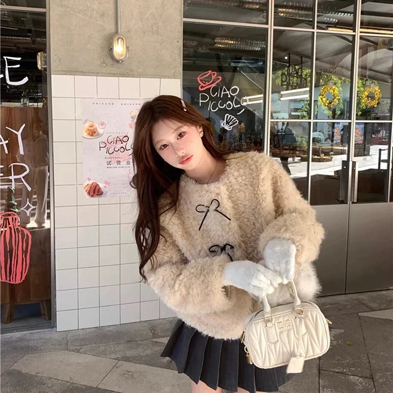 Cute Bow Faux Lamb Coat Women Sweet Winter Long Sleeve O Neck Jacket Slim Warm Korean Female Fashion Preppy Style Outwear Tops voguable