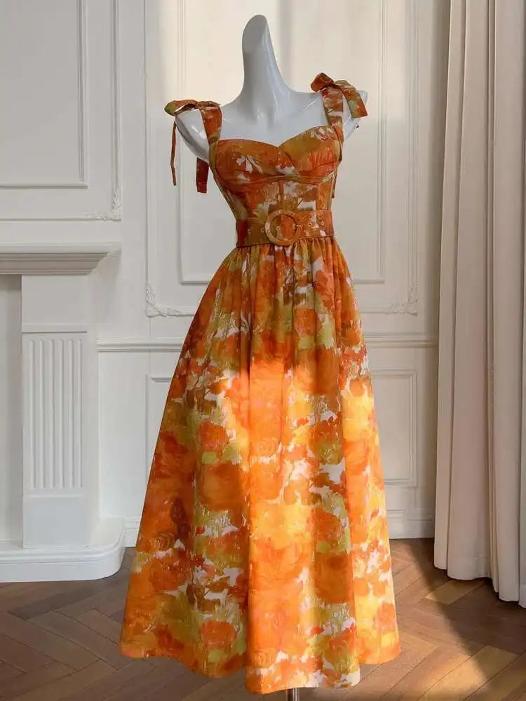 2025 New Print Women's Spaghetti Strap Dress Bow Sashes Zipper Color Contrast Sleeveless Backless Dresses Female voguable