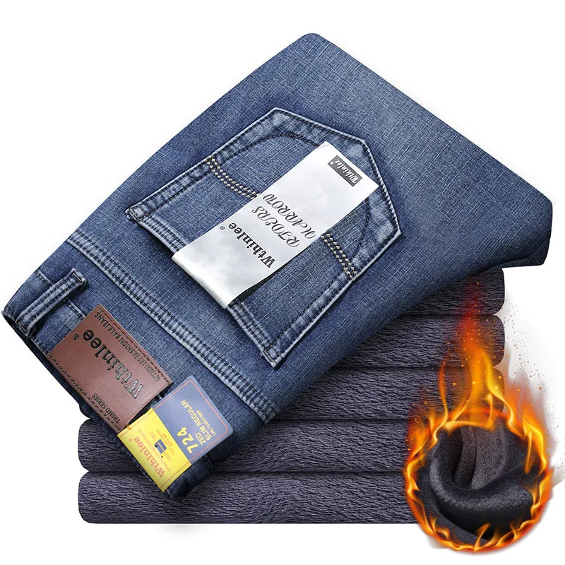 Winter Thermal Warm Flannel Stretch Jeans Mens Winter Quality Famous Brand Fleece Pants Straight Flocking Trousers Denim Jean voguable