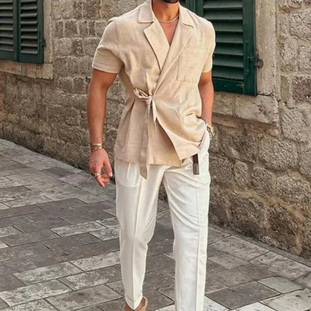 Summer Solid Color Linen Short-sleeved Shirt Suit Lapel Strap French Elegant Gentleman Loose Casual Simple Top Men's Clothing voguable