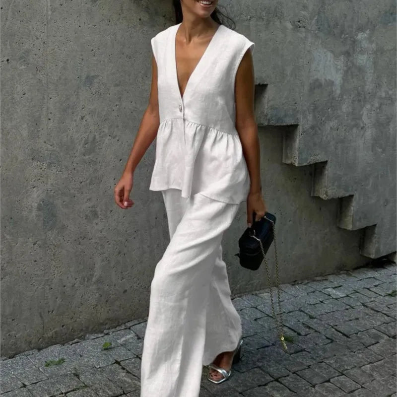 Fashion Women's Trouser Suits Sleeveless V-Neck Top Women Casual Straight Pants Sets Summer Women's Suit Commuter 2 Piece Set voguable