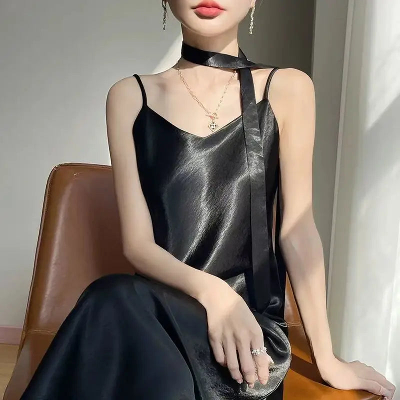 French Elegant Satin Camis Dress Women Summer Loose with Ribbon Midi Dress Female Fashion Aesthetic Party Evening Slip Dress voguable