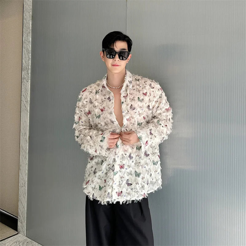 Voguable Korean Tassel Design Long Sleeve Shirts Men's Elegant 2024 New Butterfly Printed Loose Fashion Tops voguable