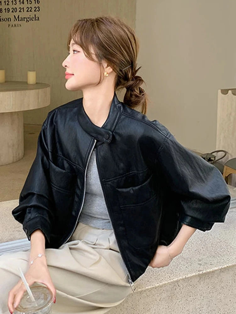 Sweet Biker Pu Jacket Women Vintage Preppy Style Big Pockets Short Coat Casual Korean Long Sleeve Retro O Neck Cute Tops voguable