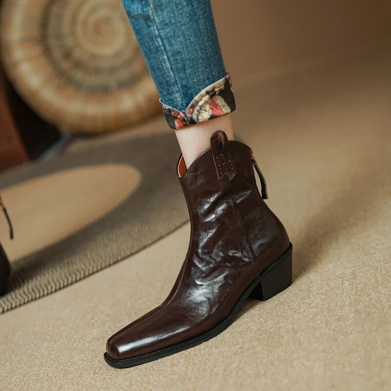 New Autumn Women Boots Square Toe Thick Heel Boots for Women Winter Genuine Leather Ankle Boots Chelsea Boots Cowboy Boots voguable