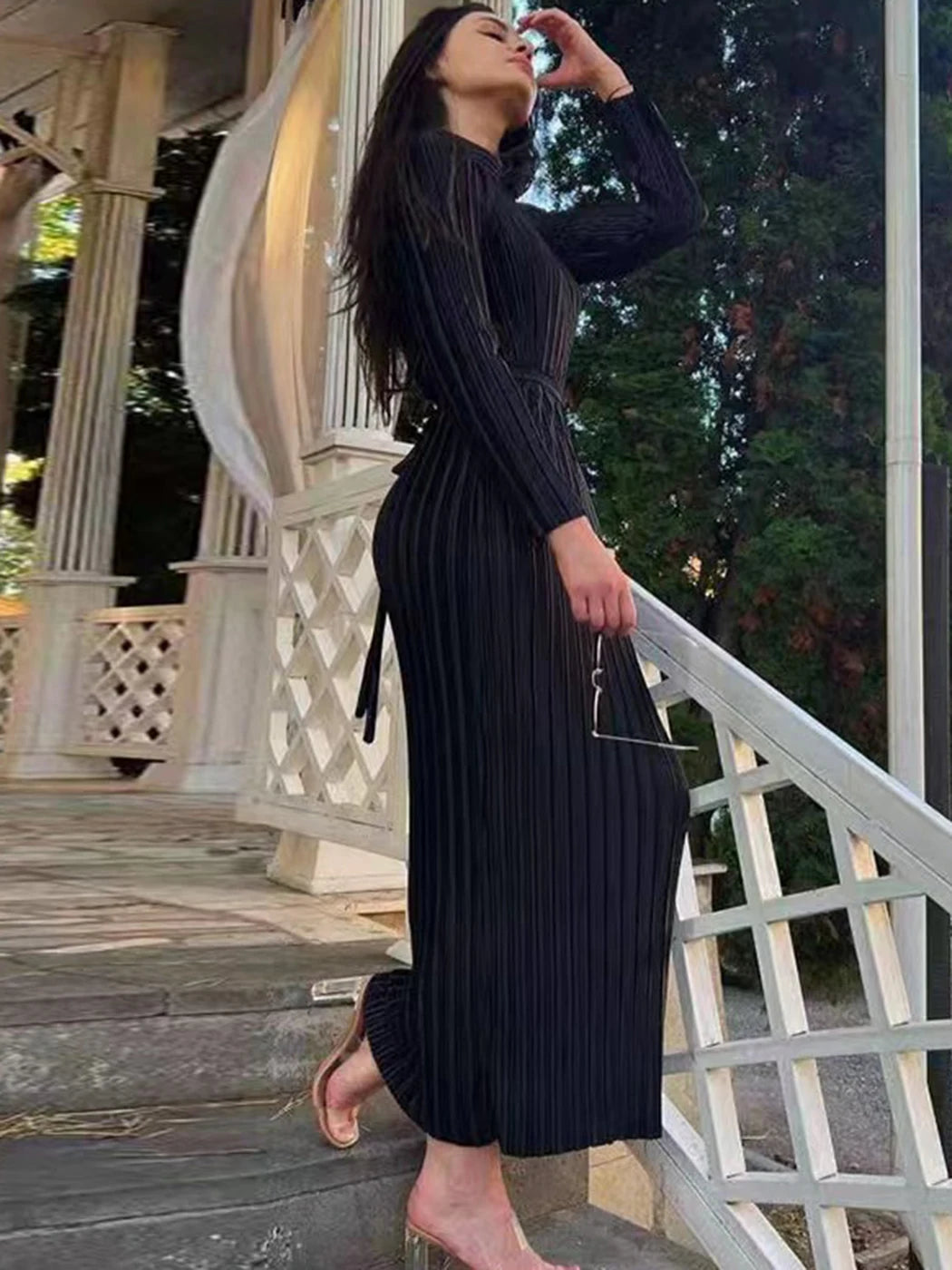 Women's Autumn New Fashion Pleat Belted Vestidos Elegant Flare Long Sleeve Long Fold Long Dress Party Prom Slim Robe voguable