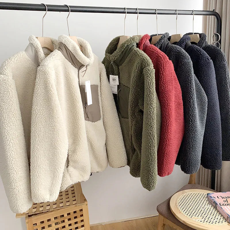 Autumn Winter Lambswool Coat Male Loose Windproof Warm Sherpa Stand Collar Polar Fleece Jacket Unisex Simple  Pocket Spliced Top voguable