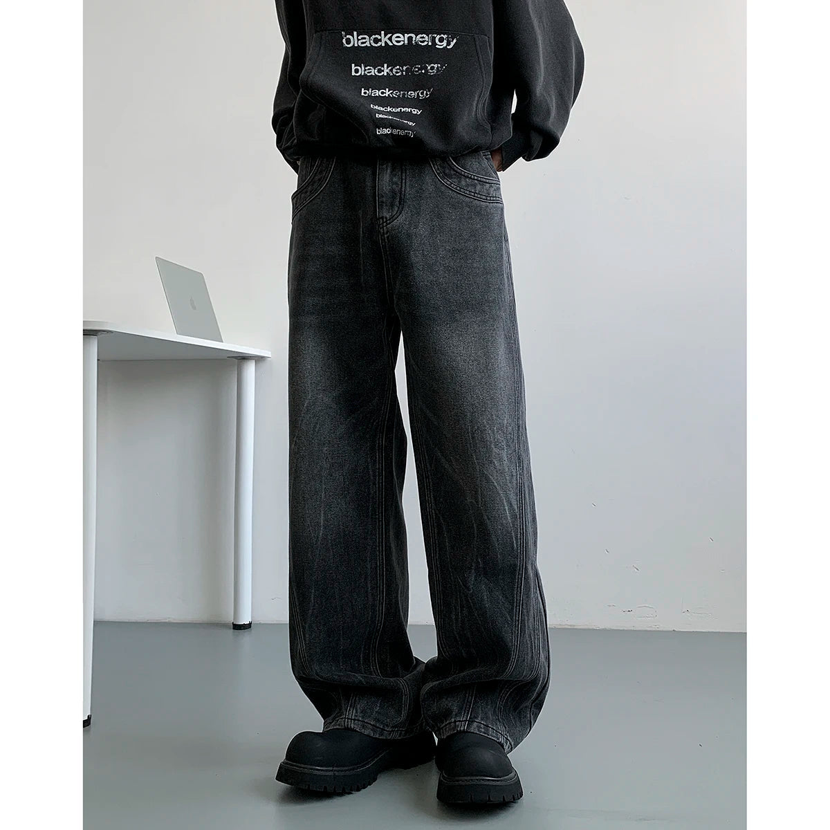 Winter Nostalgic Blue Jeans Men Chic Patchwork Loose Casual Denim Pants Wide Leg Male Straight Mopping Trouser Streetwear voguable