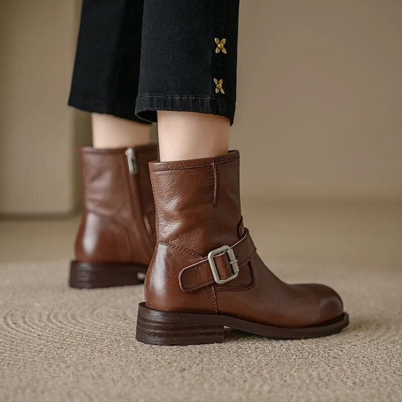 Women Boots Genuine Leather Ankle Boots Autumn Winter Round Toe Side Zipper Office Lady Working Shoes Woman Concise Basic voguable