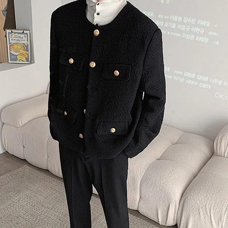 Korean Style Fashionable Tweed Round Neck Jacket Men Japanese Trendy High-end Single-breasted Short Jacket with Temperament voguable
