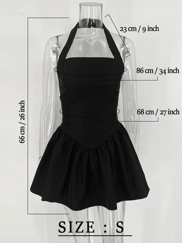 TARUXY Frill Mini Halter Dress For Women Splice Sexy Backless A-Line Hem Lace Up High Waisted Female Beach Black Bodycon Dress voguable