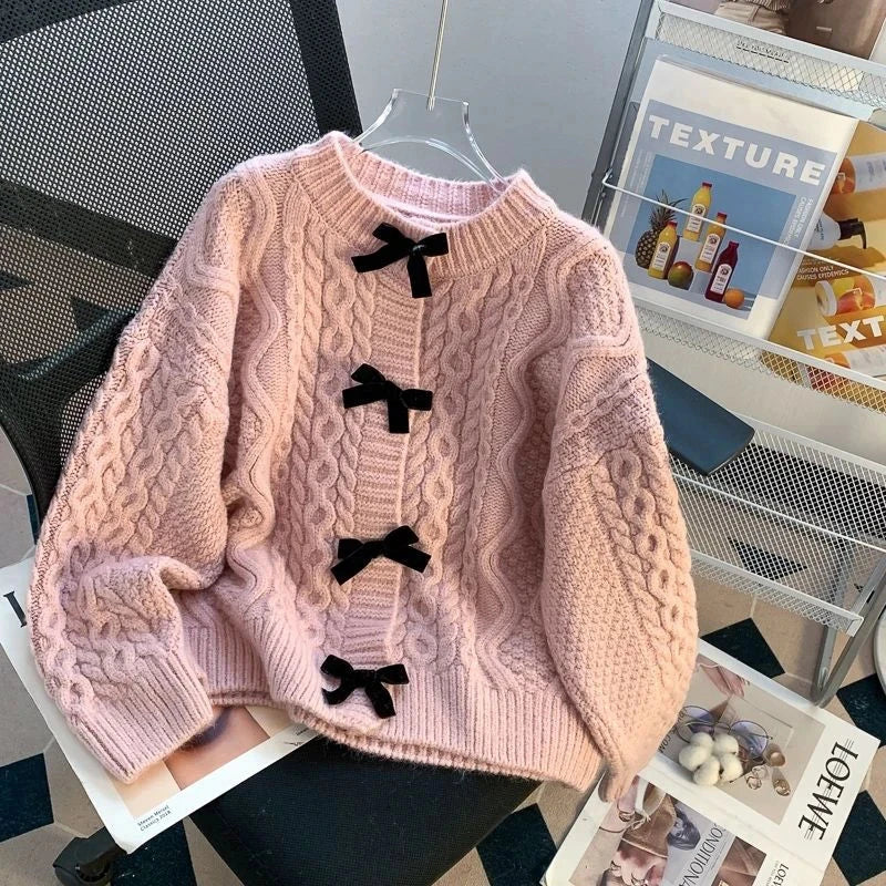 Preppy Style Bow Sweet Cardigan Women Cute Long Sleeve Solid Knitted Sweaters Casual Vintage O Neck Lady Fall Winter Top Outwear voguable