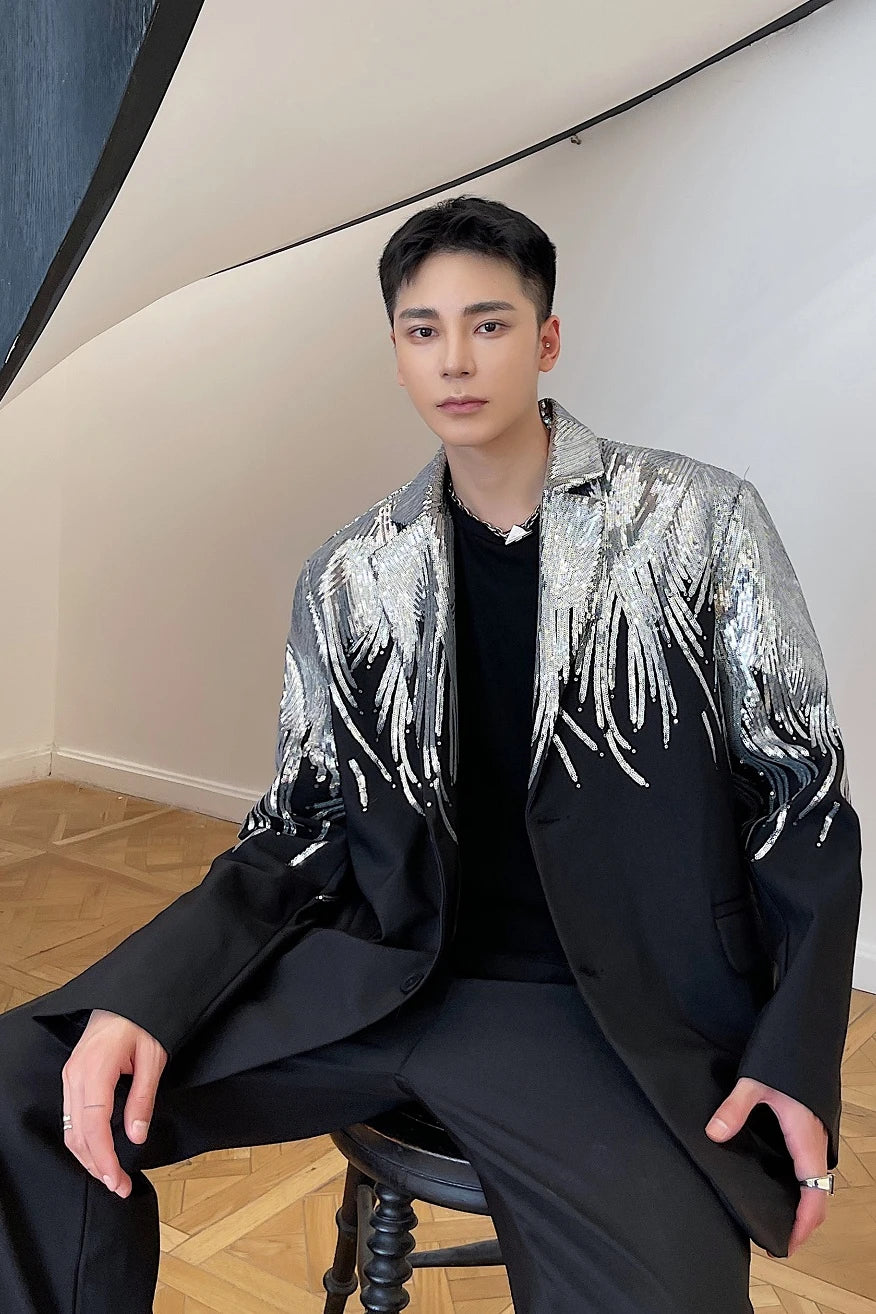 Voguable Sequin Personality Pattern Fashion Blazer Casual 2024 Design Coat Men's Elegant Temperament  Handsome Loose Jacket voguable