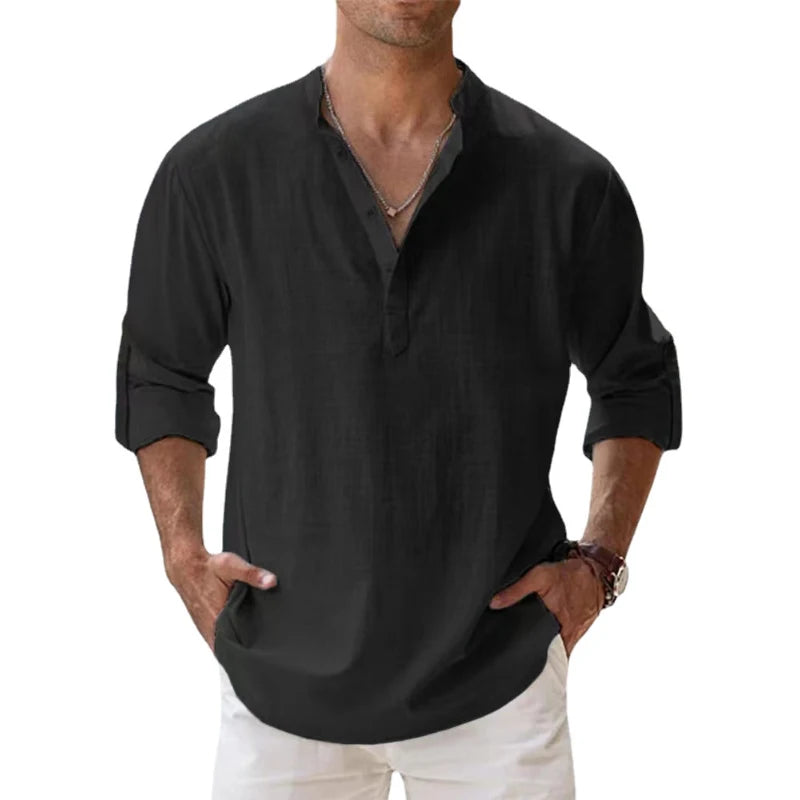 Spring Autumn Fashion Solid Harajuku T-shirts Men All Match Loose Blusa Casual Cotton Linen Long Sleeve Pullover Male Clothes voguable