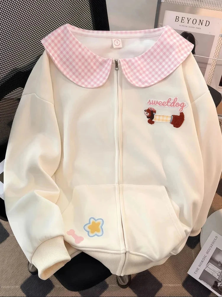 Cartoon Sweet Kawaii Hoodies Women Loose Cute Peter Pan Collar Sweatshirts Fall Preppy Style Long Sleeve New Embroidery Top voguable