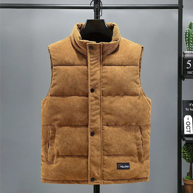 Vests Jacket Men Autumn Winter Stand Collar Warm Sleeveless Leisure Down Cotton-Padded Vest Coat Thickened Corduroy Warm Coat voguable
