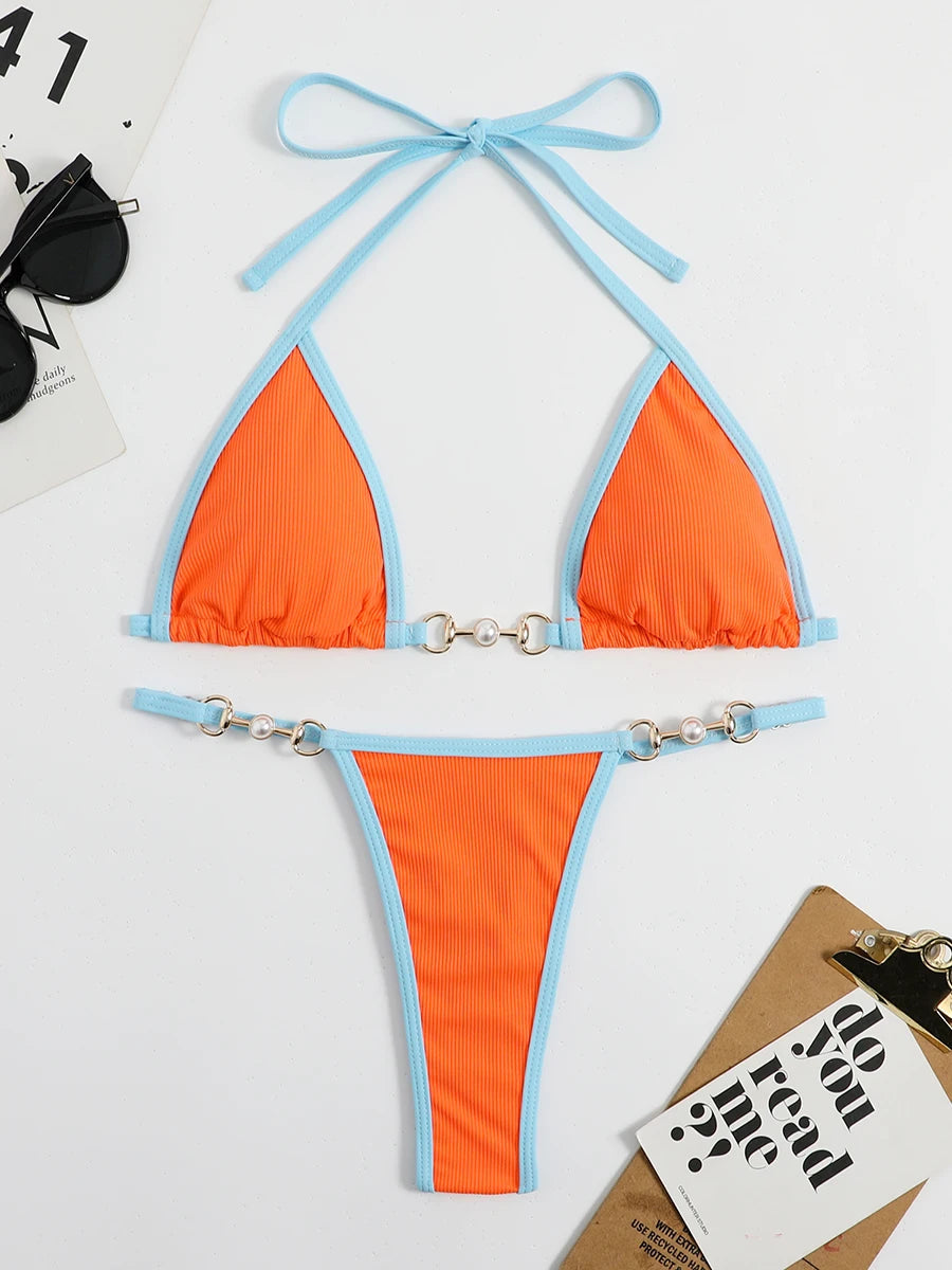 Voguable  Pearl Thong Bikinis Women Sexy Triangle Swimsuit Solid Brazil Swimwear Female Padded Bathing Swimming Suit Beachwear Summer voguable