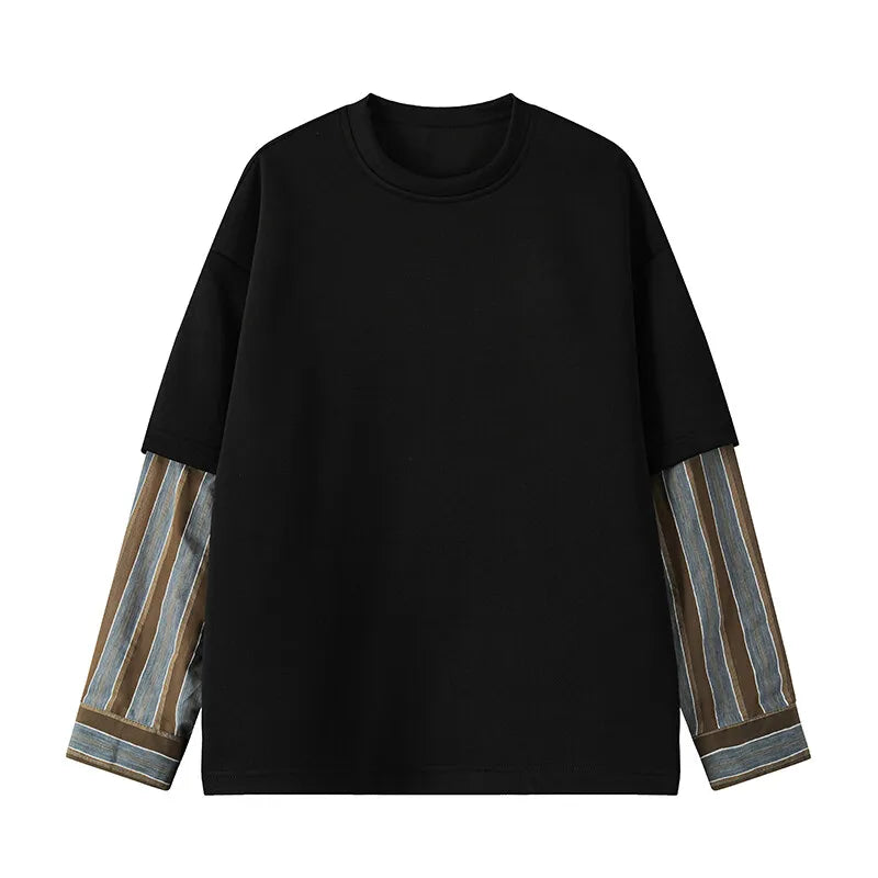Voguable  plus Size Men's Striped Crew Neck Sweatshirt - M-XXXXXL Oversized Fit Fake Two-Piece Trendy Layered Look Long Sleeve Clothing voguable