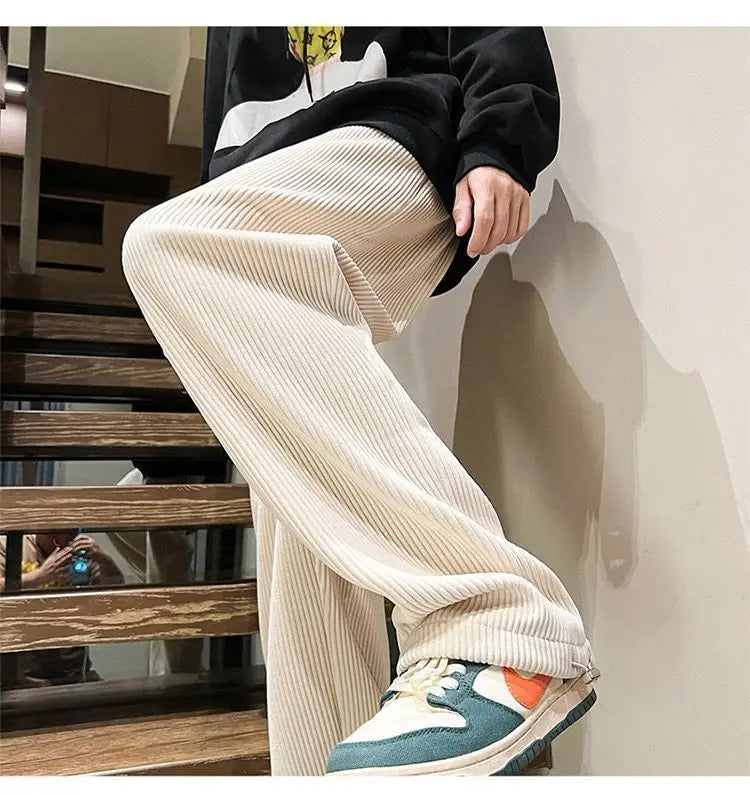 Autumn Corduroy Straight Trousers Men Loose Solid Casual Drape Trousers Harajuku Fashion Drawstring Street Wide Leg Sweatpant voguable