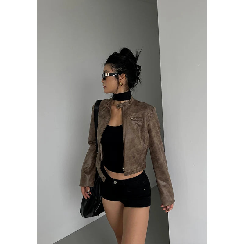 WOMENGAGA Stand Collar Jacket Leather Short Coat Women Autumn New Straight Tube Slim Short Motorcycle Jacket Korean Sweet D8FN voguable