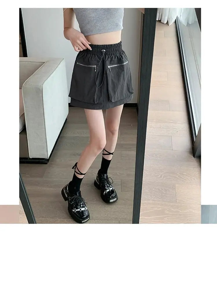 High Waist Drawstring Summer Women Short A Line Skirt Vintage Casual Cargo Big Zipper Pocket Skirt with Safety Shorts Hip Skirts voguable