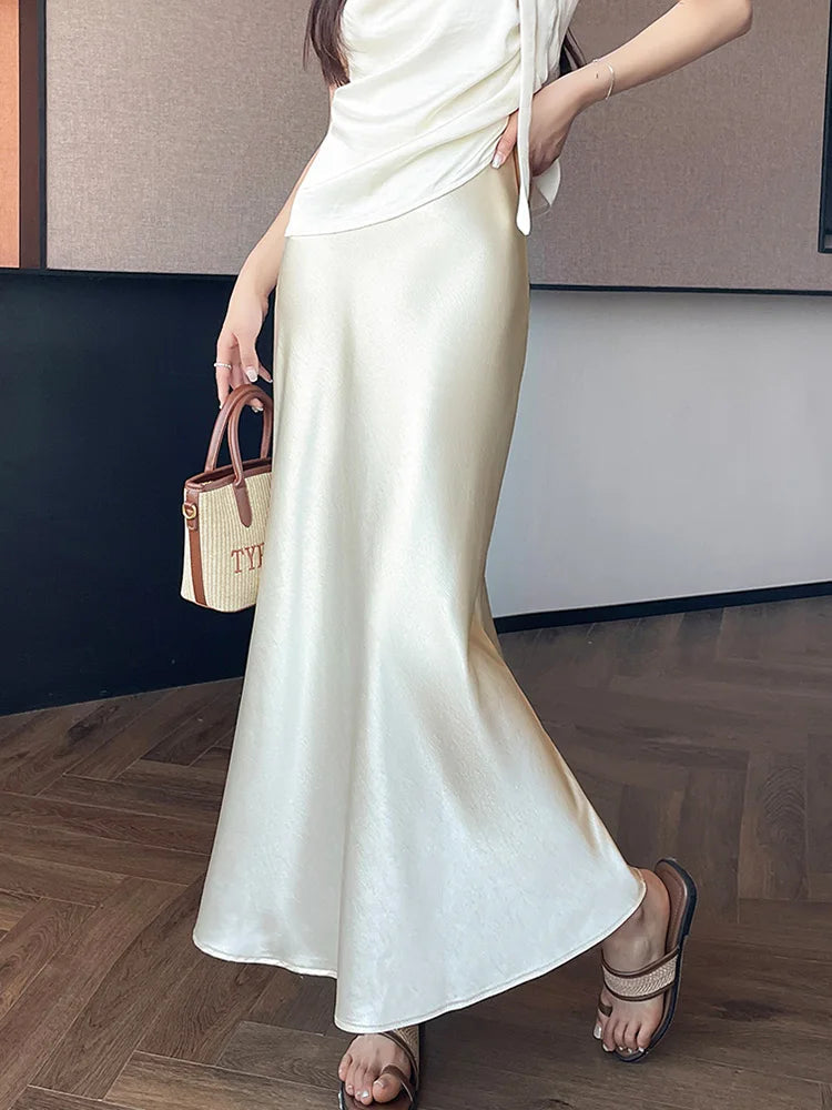 Chic Satin Elegant Long Skirt Women Casual Fashion High Waist Sweet Trumpet Skirts Slim Summer Female Korean Long Skirts voguable