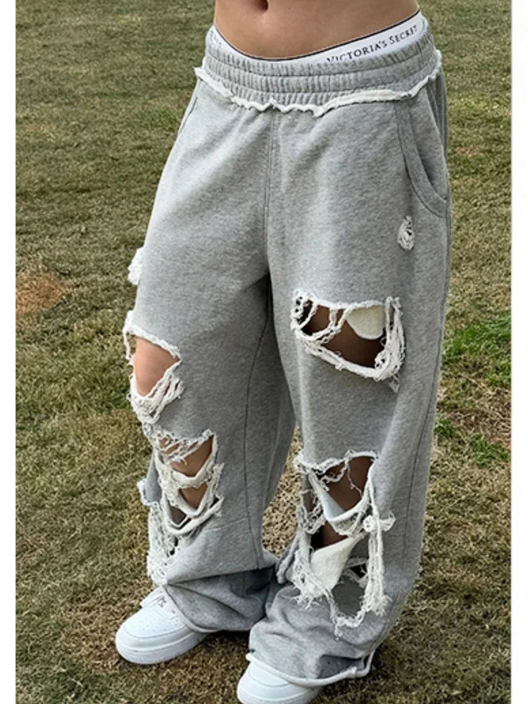 Vintage Gray Distressed Joggers Women Baggy Hip Hop Style Grunge Wide Leg Sweatpants Oversized Street Fashion Trousers voguable