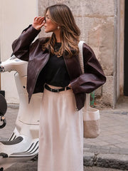 Vintage Solid Color Lapel Zipper Leather Jacket Casual Long Sleeved Elastic Short Women Coat Fall Commuting Street Outerwears voguable
