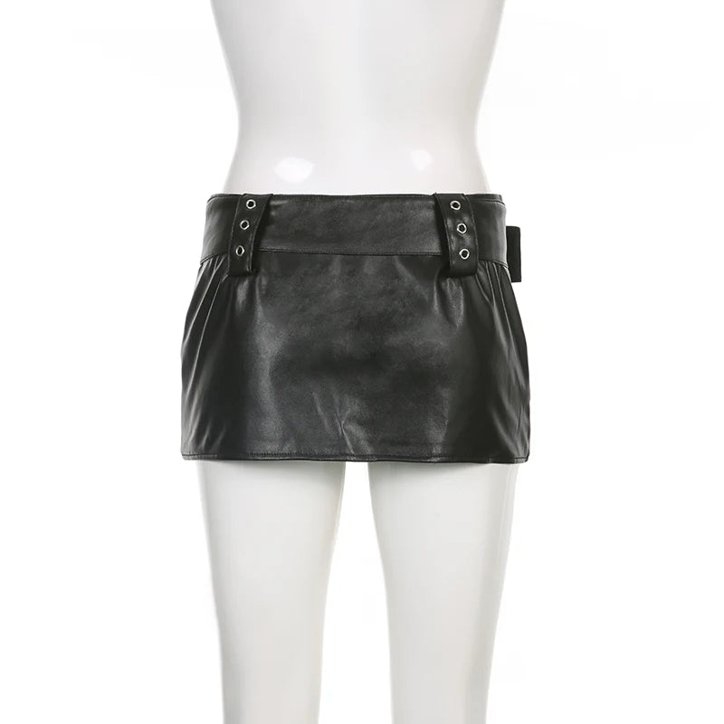 Voguable Vintage Leather Skirts Belt Y2K Women'S Low Waist Mini Skirt Fashion Streetwear PU Straight Skirt 90s Punk Sexy Summer voguable