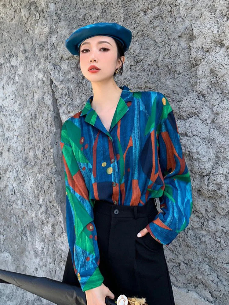 Vintage Print Women Elegant Shirt Long Sleeve Casual Design Korean Vintage Blouse Fall Loose Painting All Match Female Ins Tops voguable