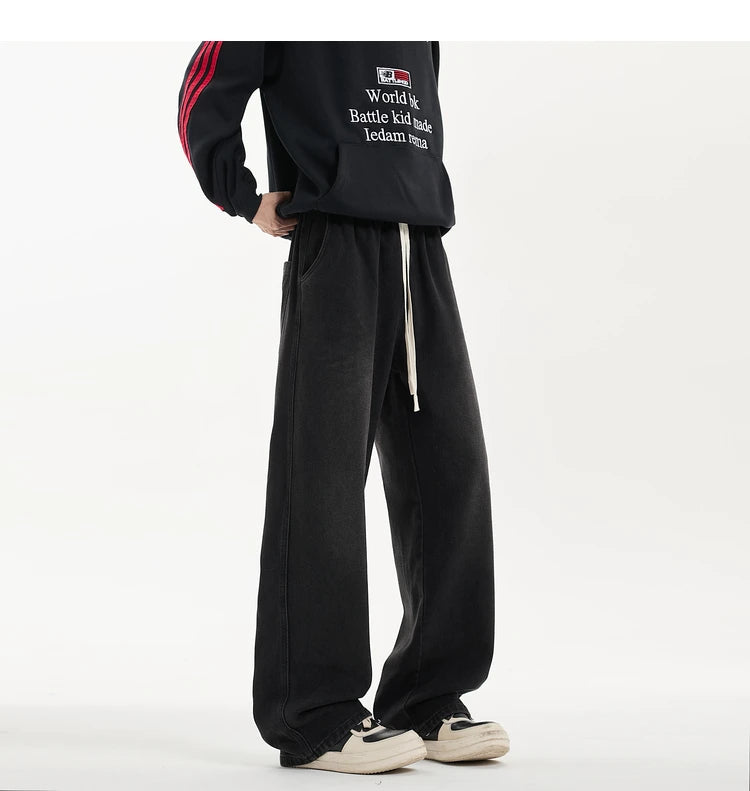 New Men's Jeans Washed Jeans Pants Unisex Drawstring Denim Pants Male Streetwear Korean Straight cylinder loose Cowboy Trousers voguable