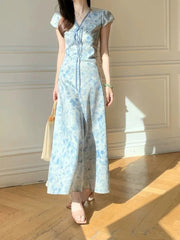 Sweet Blue Print Long Dress Women Slim Vintage V Neck Elegant Dress Casual French Retro Lace Up Female Soft Vestidos New voguable
