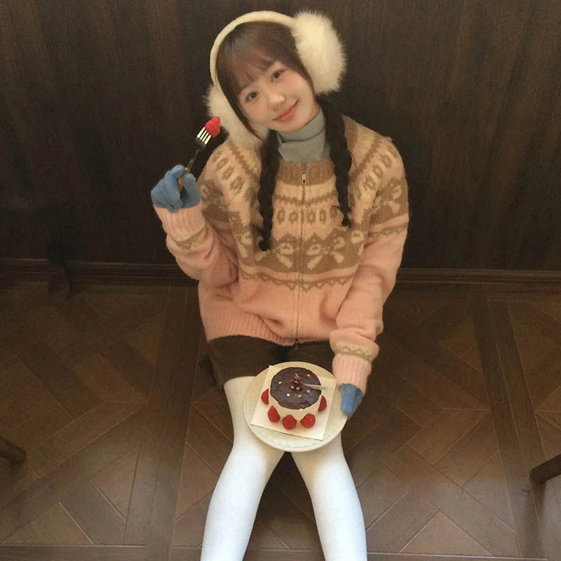 Vintage Print Knitted Cardigan Women Japanese Long Sleeve Sweater Outerwear Winter Aesthetic Pink Knitwear Korean Jumpers voguable