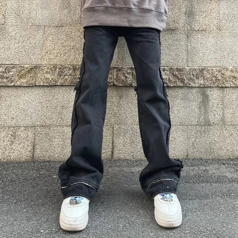 Harajuku Ripped Washed Streetwear Mens and Womens Jeans Pants Straight Distressed Hip Hop Casual Flare Denim Trousers