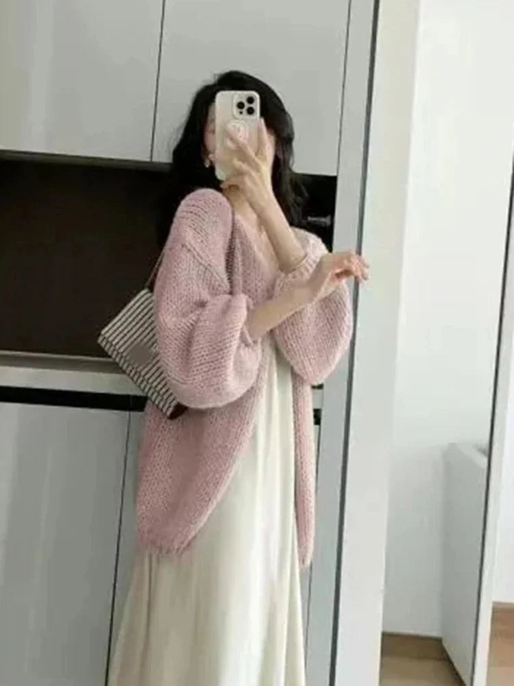 Lazy Wind Retro Cardigan Women Casual Loose Long Sleeve Korean Knitted Sweaters Coats Vintage Fall Winter Simple Solid Tops New voguable