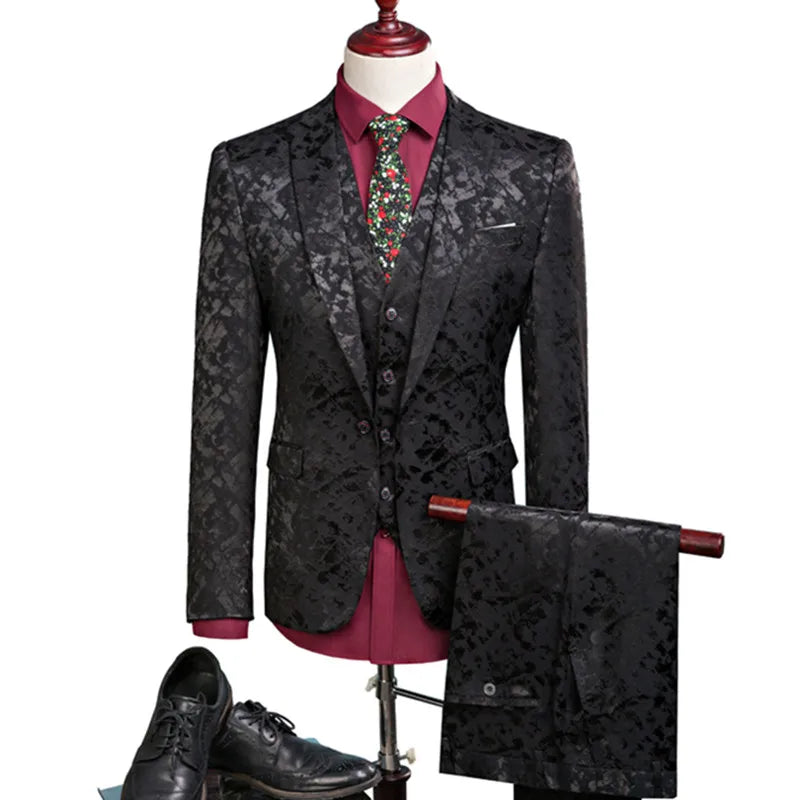 Men Suit  Business Leisure Single Breasted Suits 3 Pieces Sets Male Printing Groom Wedding Dress Jacket Blazers Coat Vest Pants voguable