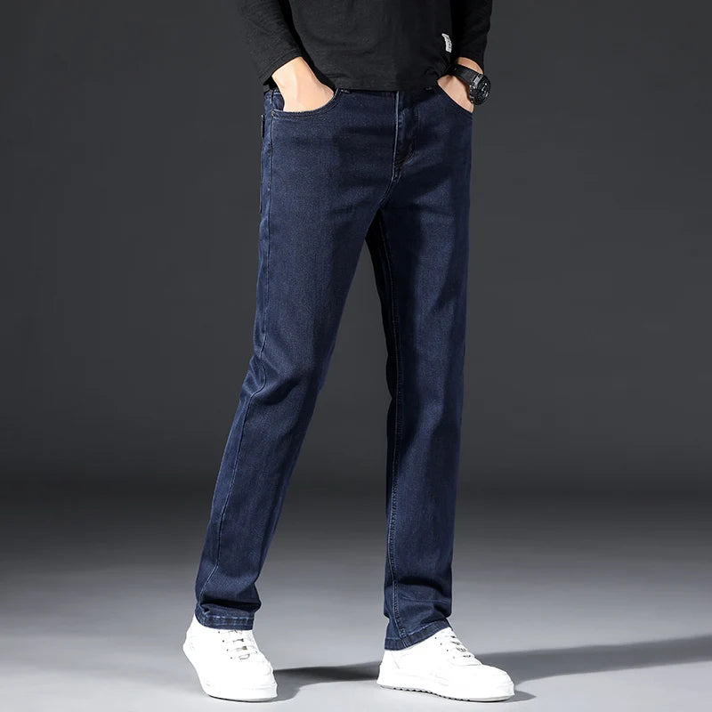 Fashionable Business Casual Jeans Spring and Autumn Men's Elastic Solid Color Long Pants Men's Loose Fitting Straight Leg Jeans voguable