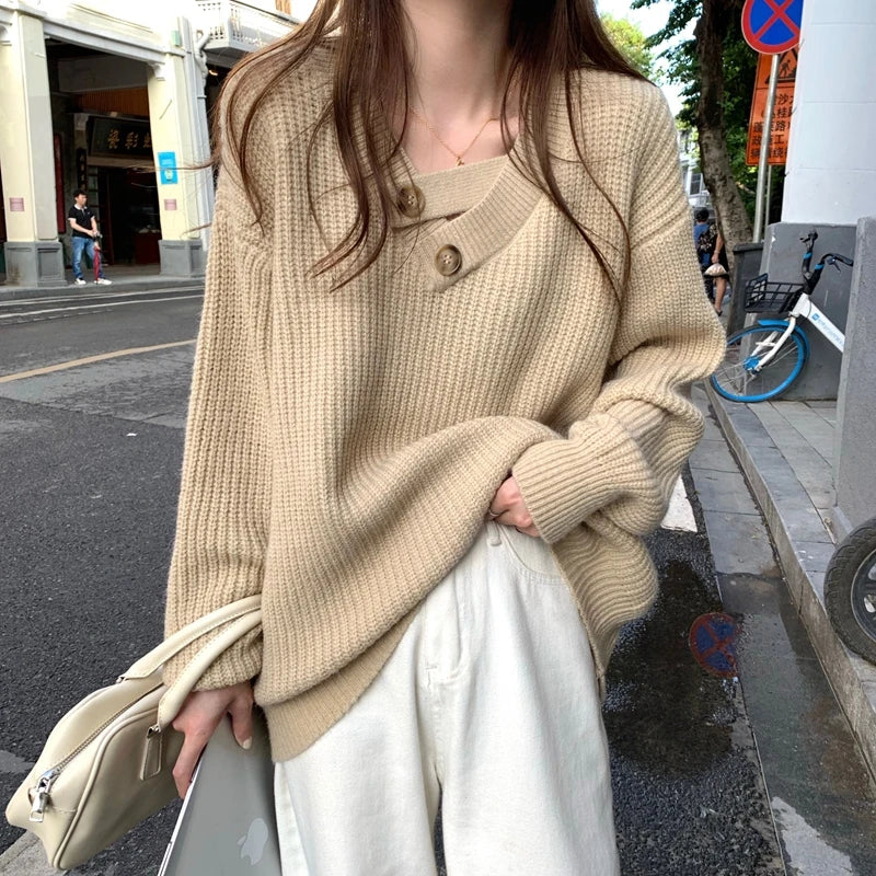 V-neck Knit Pullover Women Slouchy Long Sleeve Drop Shoulder Sweater with Buttoned Strap Cozy Knitwear Autumn Winter Chic Outfit voguable