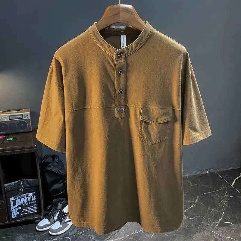 Voguable  Nostalgic Washed Summer New Polo Shirt Men's Heavy Fermentation Short-sleeved T-shirt Loose O-neck Half-sleeved T-shirt voguable