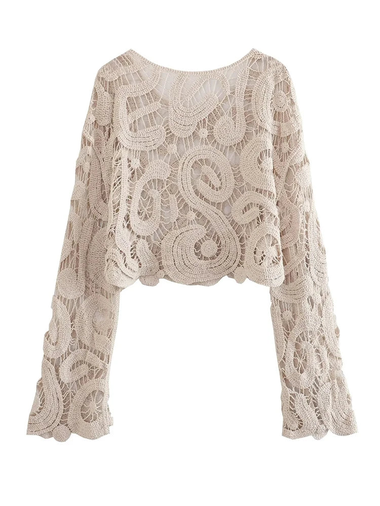 Voguable  Women Crochet Knit Blouse Vintage Long Sleeve O Neck Female Casual Loose Summer Crop Top voguable
