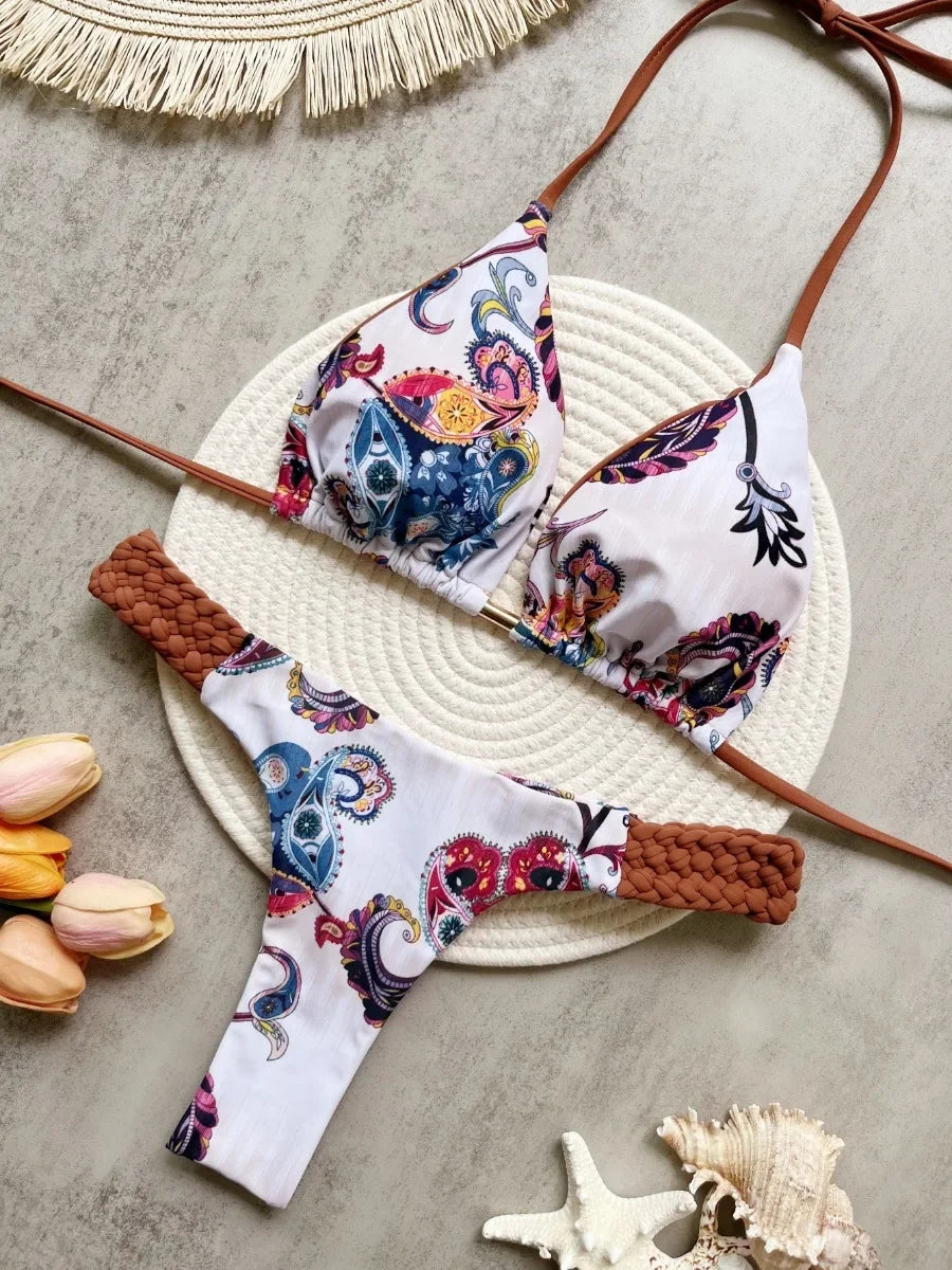 Voguable  New Weaving Bikini Set Women's print 2 Piece Swimsuit women sexy suspender Backless Beach Vacation Bathing Suit swimwear voguable