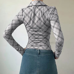 Voguable High Street Plaid T-shirt Grey Vintage Slim Long Sleeve Turn-down V-neck Tops Autumn Chic Elegant Pullovers Ladies Tops voguable