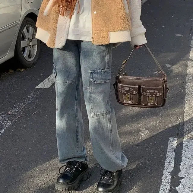 Vintage Flame Embroidered High Rise Jeans Women's Washed Old Loose Fit Jeans Women's Y2K Jeans Casual Pants Loose Fit Jean voguable