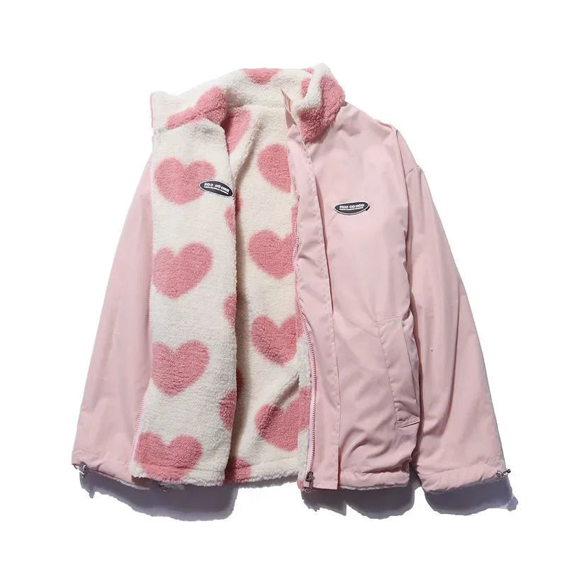 Love Print Lambswool Parkas Women Winter Double Sided Wear Thick Loose Zipper Casual Jacket Bf Harajuku Oversized Warm Outerwear voguable
