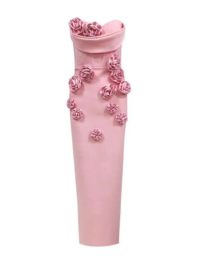 Solid 3D Flowers Spliced Design Dresses Women's Strapless Sleeveless High Waist Slim Elegant Dress Autumn 2025 New voguable