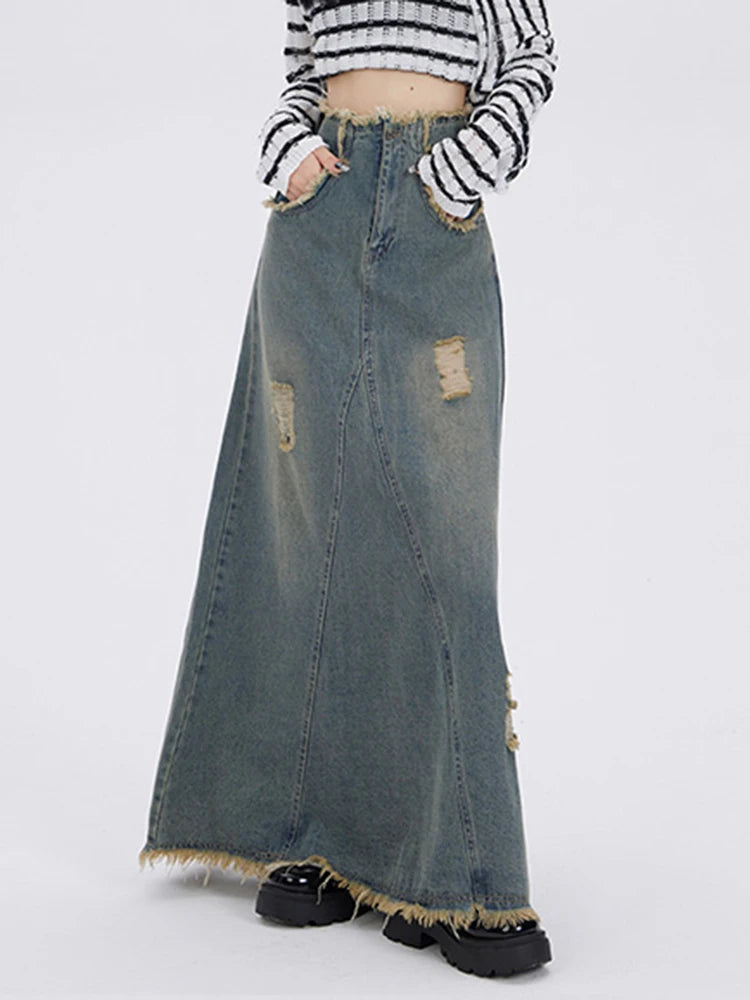 Ripped Denim Skirt for Women High Waisted Slit Cut Chic A-Line Long Skirt Basic Vintage Y2k Pocket Korean Fashion Skirt voguable